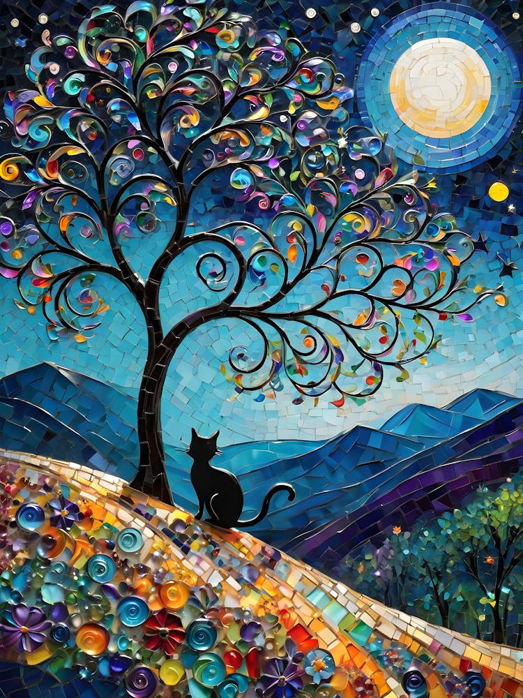 Hello Moon - Beautiful Rainbow Mosiac of Whimsical Black Cat Watching the Moon Whimsy Kitty Art for Cat Lover, Cat Lady, Chakra Pride Pagan Witch Colorful HD