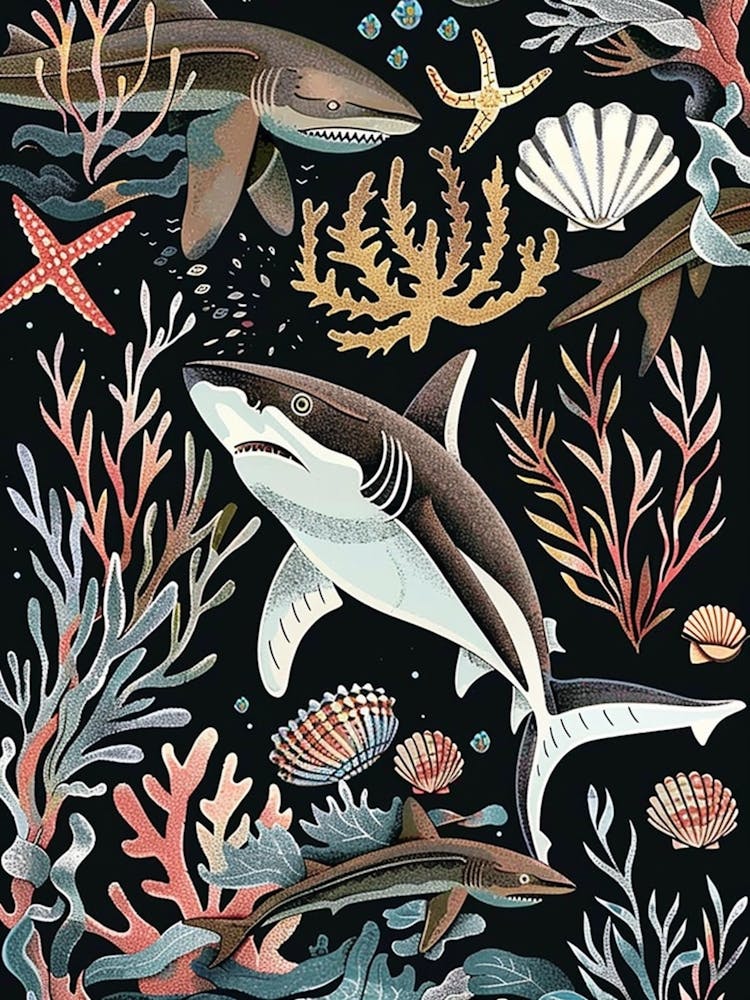 White Tip Reef Shark Seascape Black Background Illustration 1