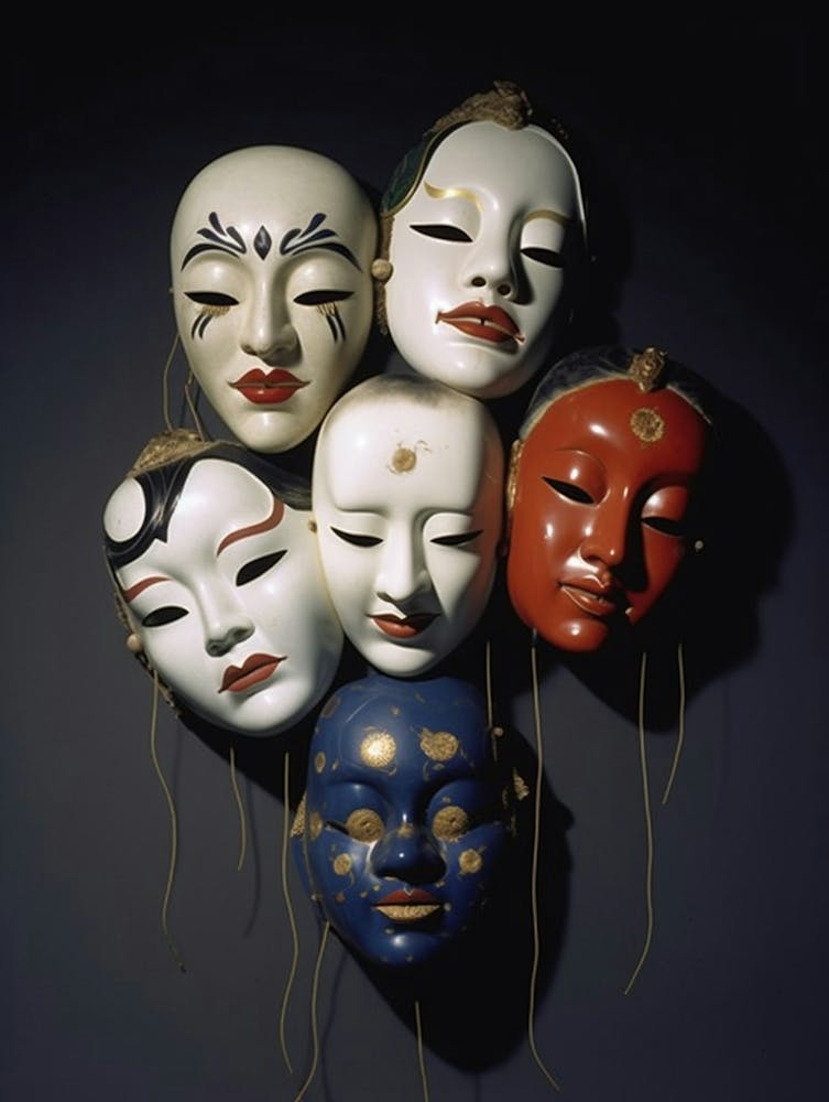 Noh Masks Japanese Style Illustration 17