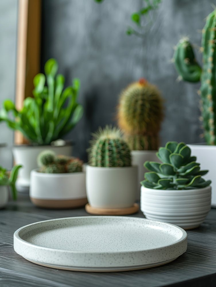 Focus On The Empty White Round Tray In The Foreground, With A Small Number Of Potted Cactus Plants As The Background, Front View, Minimalist Stage Design, Elegant And Smart