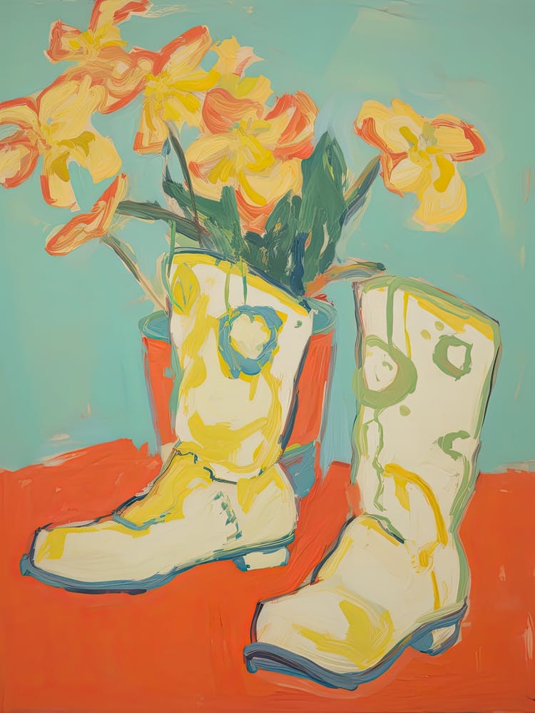 Painting Of Yellow Flowers And Cowboy Boots, Oil Style 6