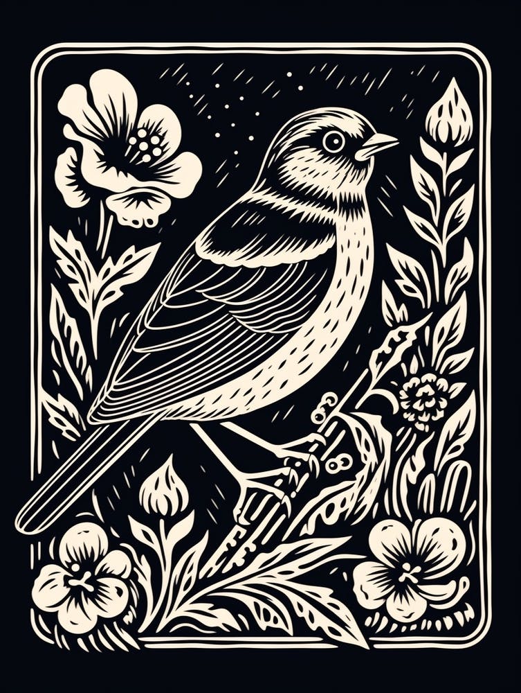 B&W Bird Linocut Sparrow 2
