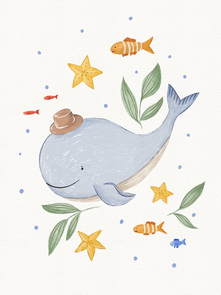 Happy while with fish & star fish with white background