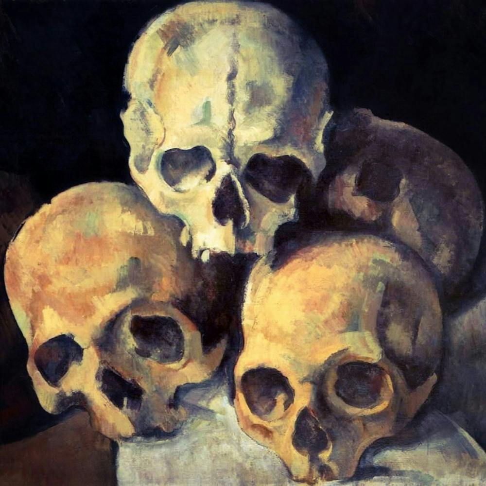 Pyramid of Skulls by Paul Cezanne c1898 | Classical Macabre Victorian Oil Painting | HD Remastered Square Painting for Perfect Framing