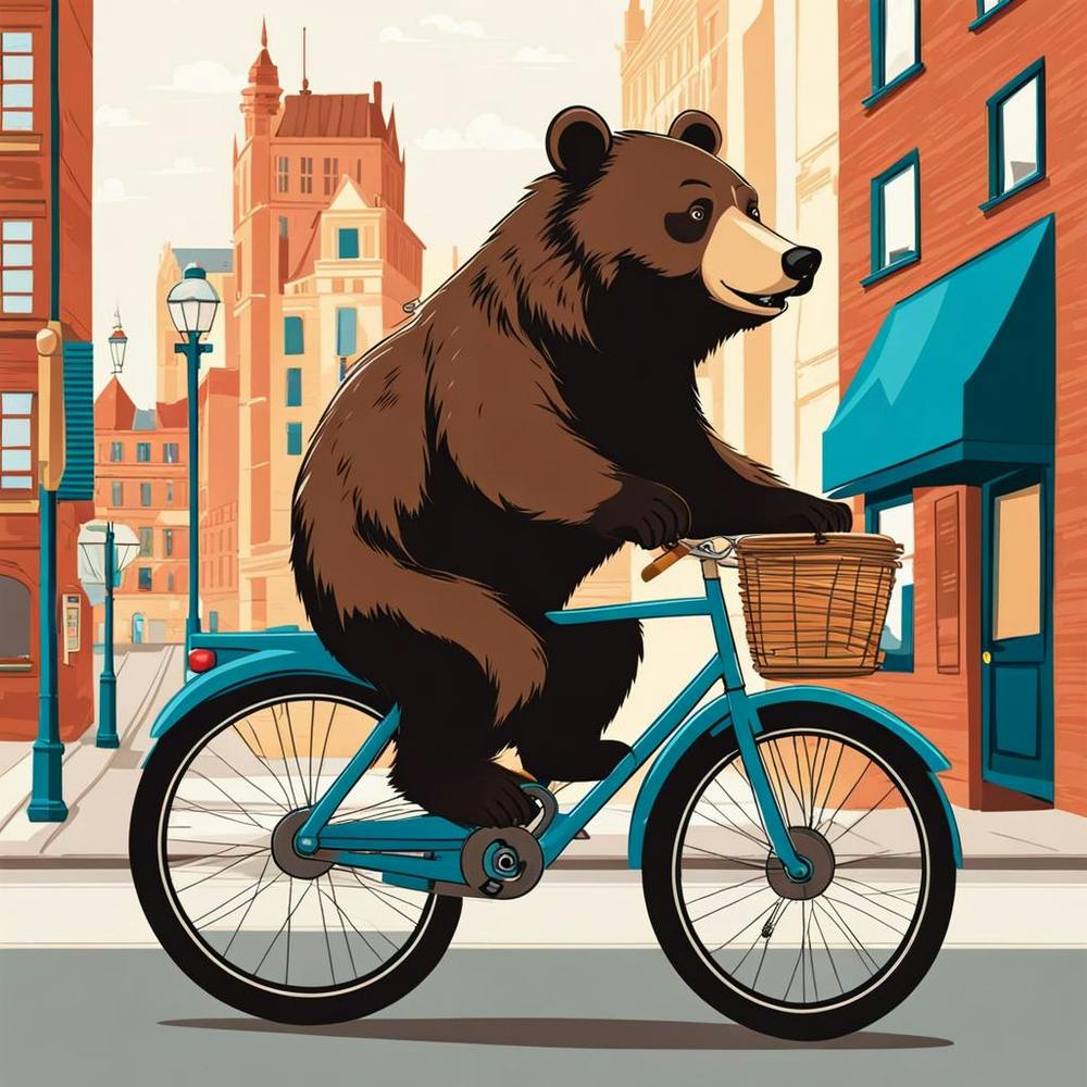 a bear riding a bike in the city 