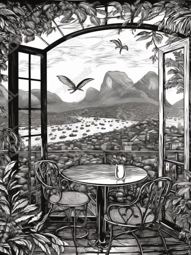 A Window View Of Rio De Janeiro In The Style Of Black And White  Line Art 4