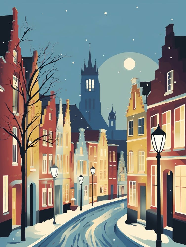 Winter Travel Night Illustration Bruges Belgium 2