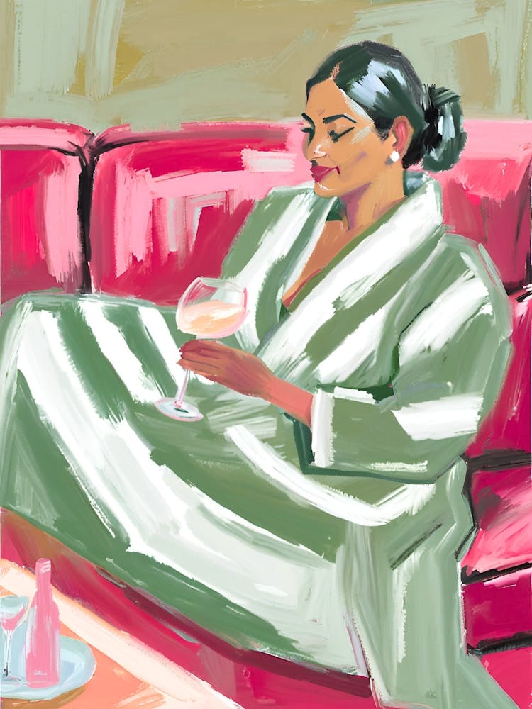 Woman on red sofa
