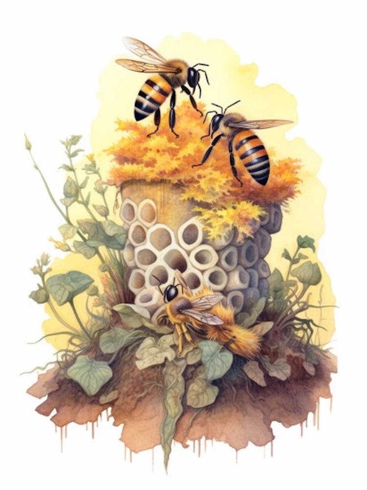 Digger Bee Beehive Watercolour Illustration 1