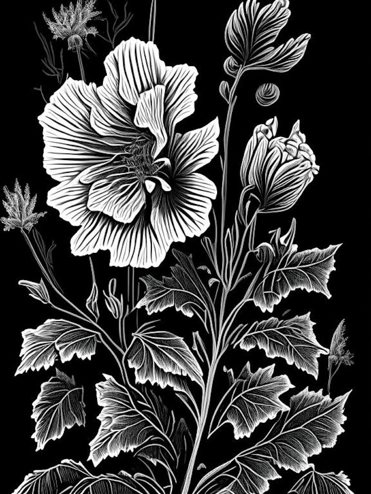Hollyhock Wildflower Linocut