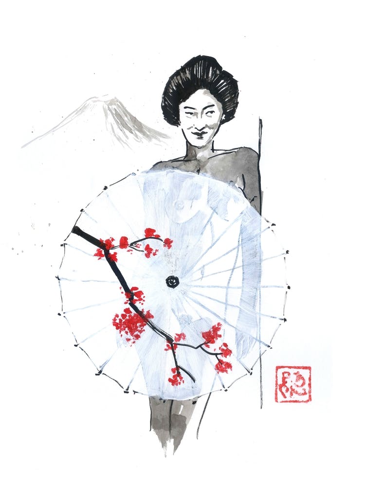 Geisha Nude Behind Umbrella