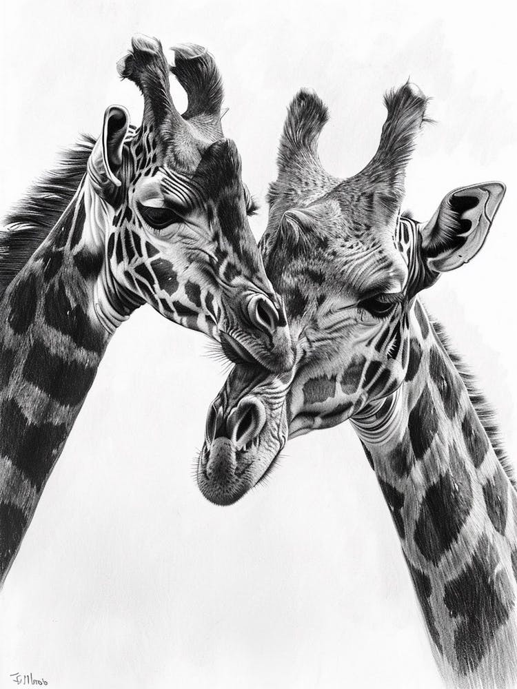 Two Giraffe Grooming Each Other Pencil Drawing