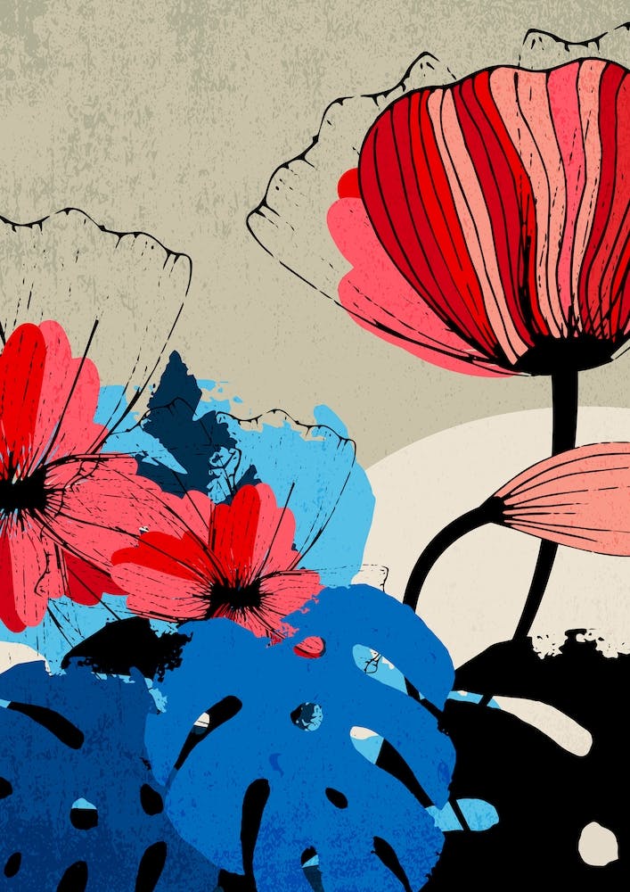 Flowers And Blue Monstera Leaves