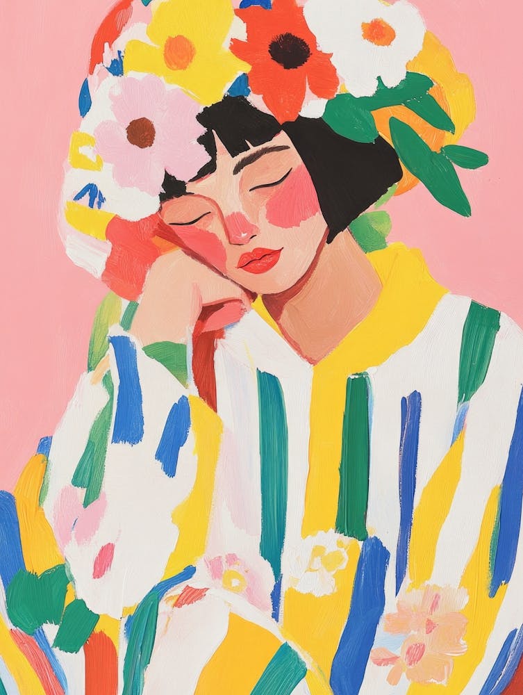 Fille à la Couronne de Fleurs - Peinture à la Gouache