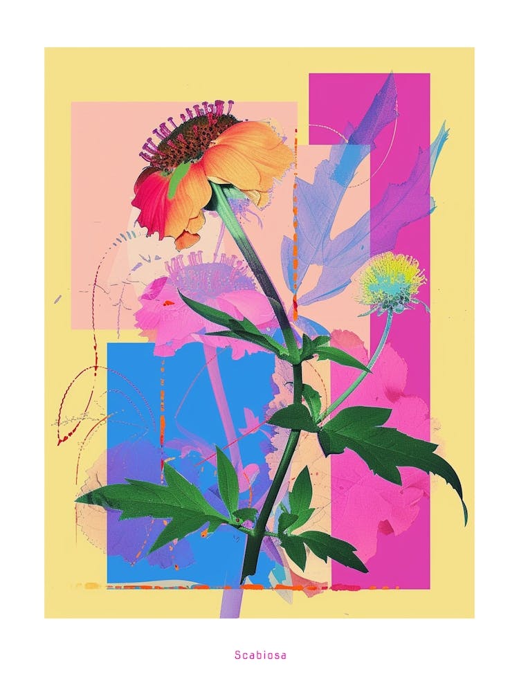 Scabiosa 3 Neon Flower Collage Poster