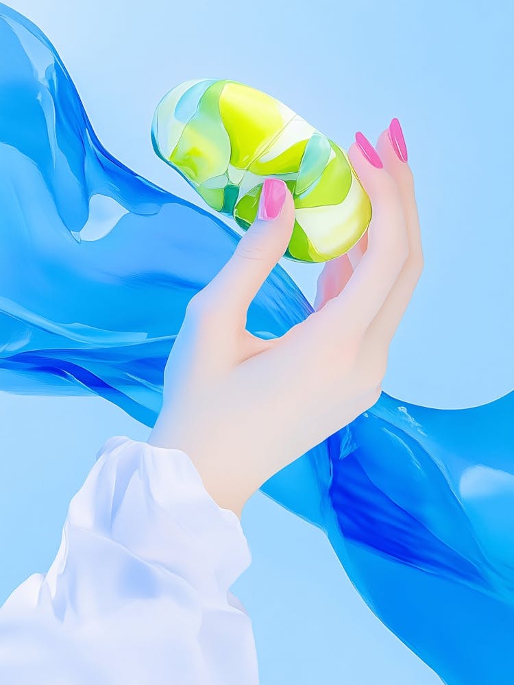 Hand Holding A Blue And Green Bottle