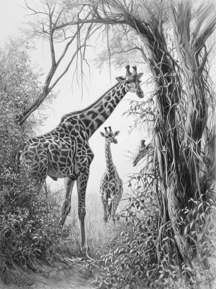 Giraffes In The Wild Pencil Portrait 1
