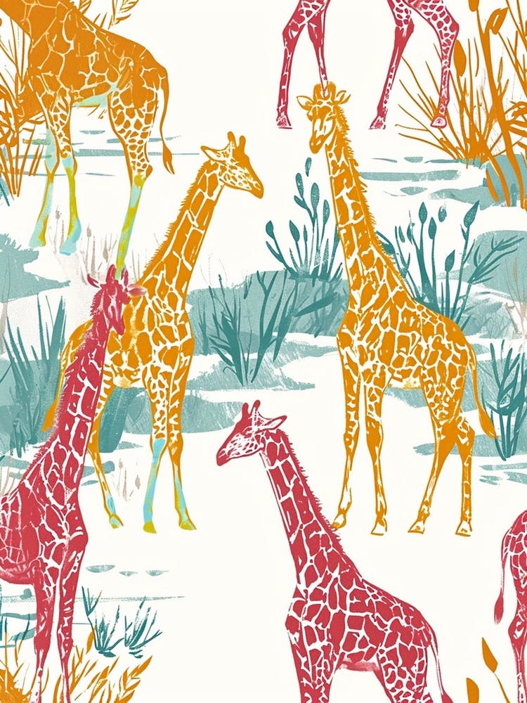 Giraffe Blue Mustard Red Watercolour Pattern 2