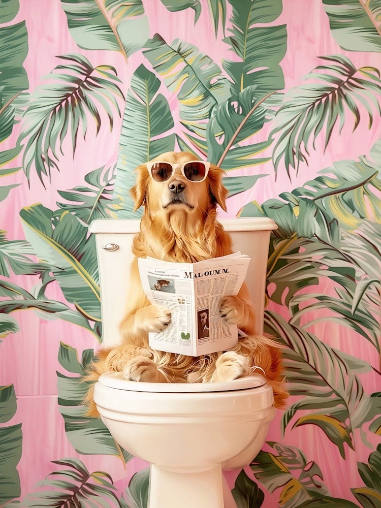 Impression pour Salle de Bain Golden Retriever Lisant sur les Toilettes, Décoration de Salle de Bain, Art Mural Toilettes, Art Mural Salle de Bain Maman Golden Retriever, Affiche Chien Drôle