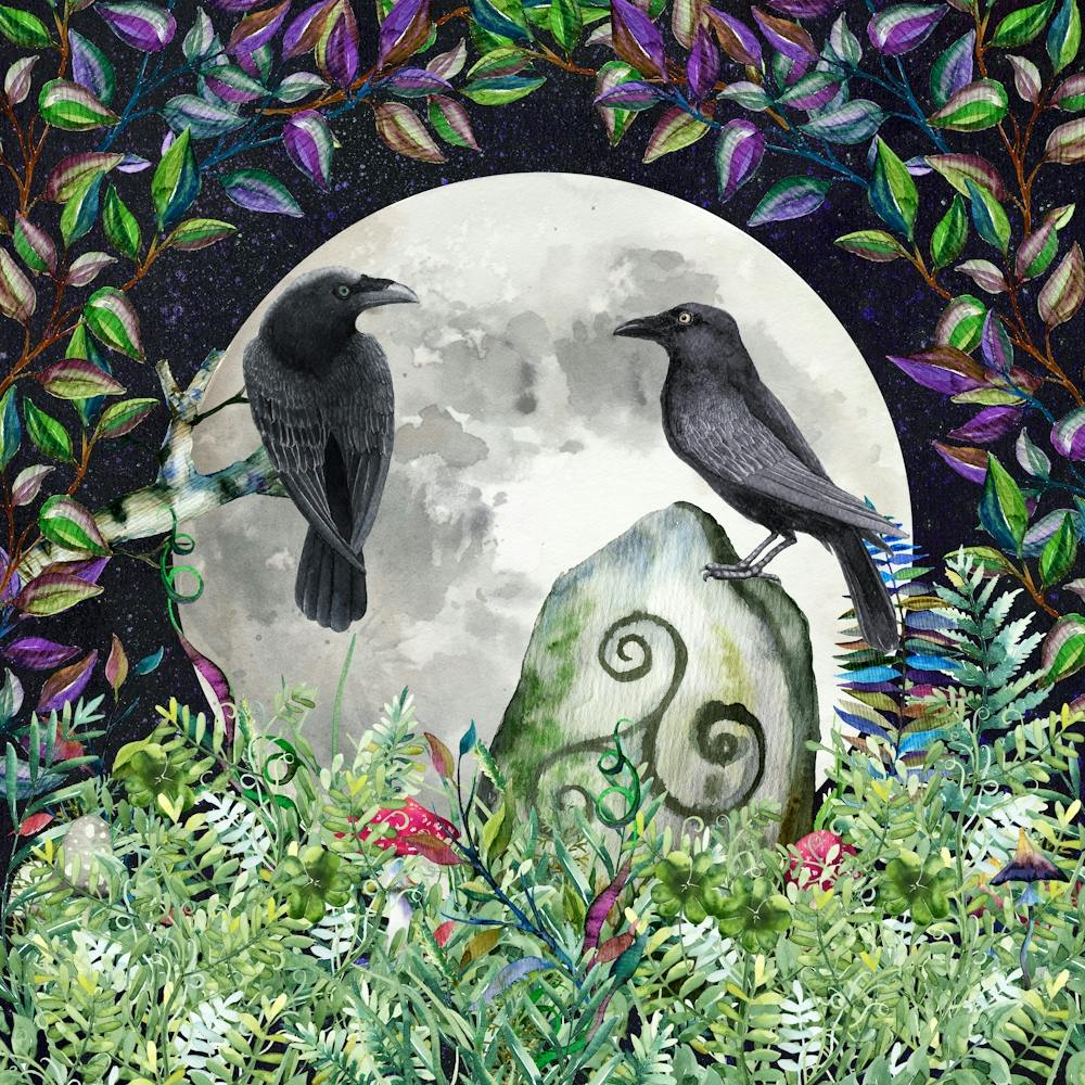 Crows On The Moon Watercolor Painting