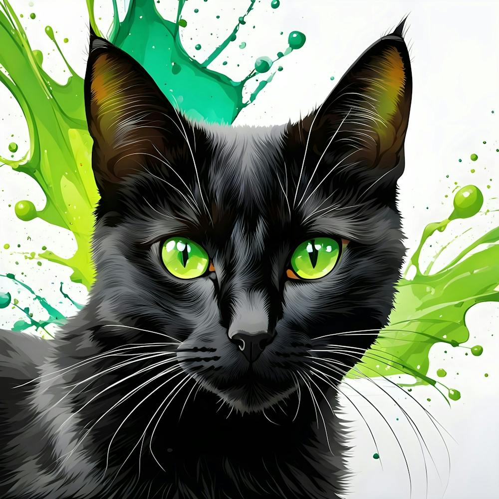 Chat Noir Avec Éclaboussures de Peinture Verte