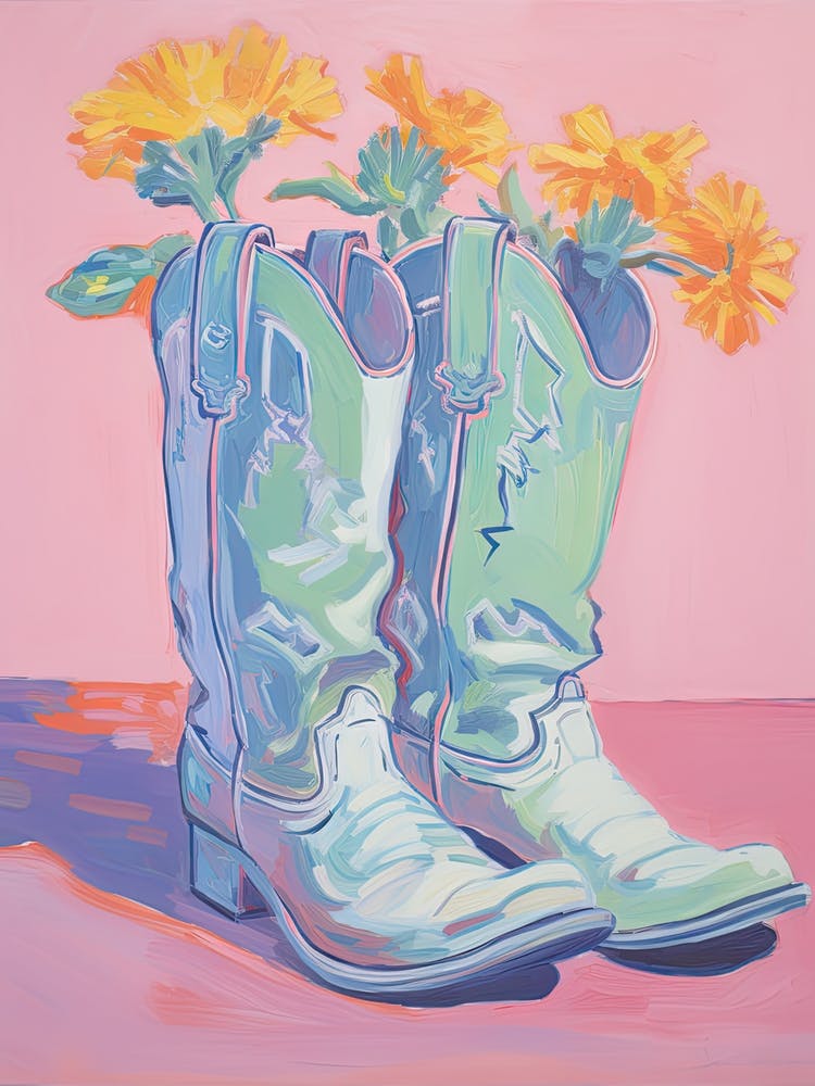 A Painting Of Cowboy Boots With Daffodils Flowers, Fauvist Style, Still Life 7