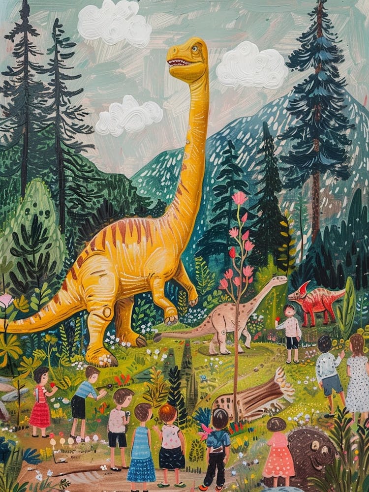 Dinosaur & Children In A Village Painting