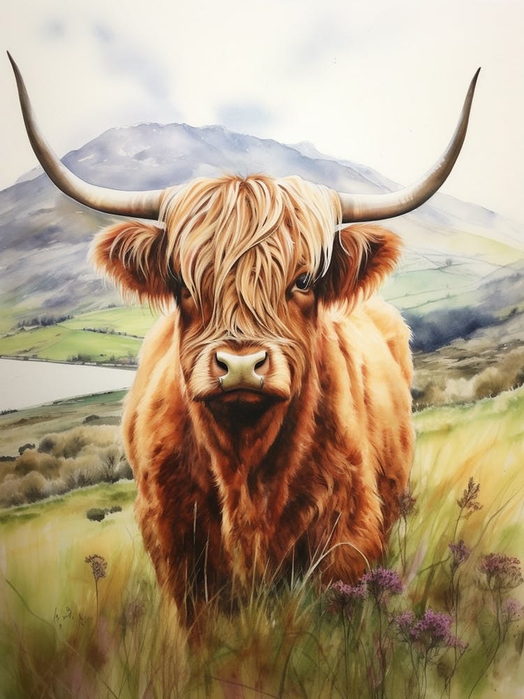 Watercolour Mountain Highland Cow 1