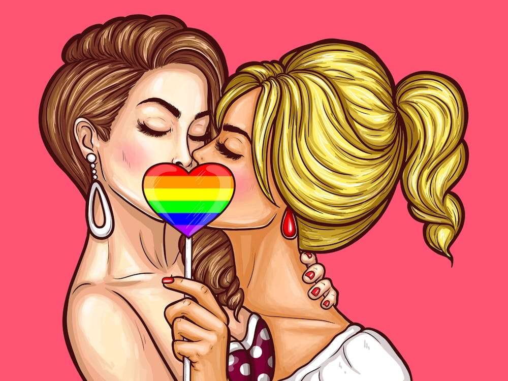 Pop Art Girls In Love Behind Rainbow Lollypop