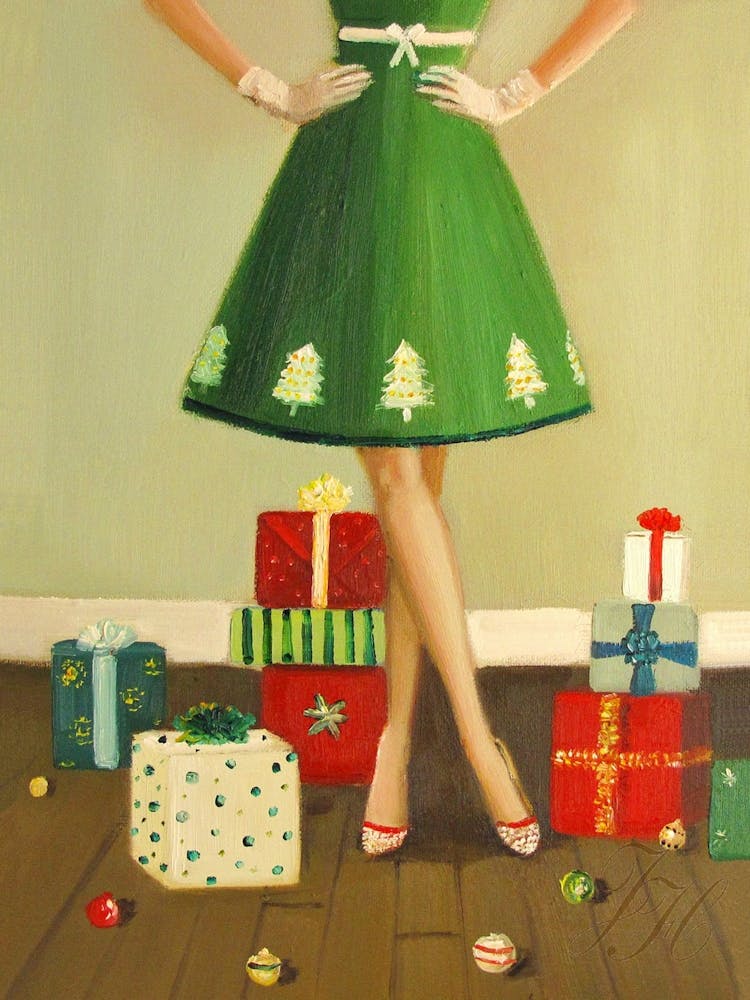 Girl In Green Dress With Christmas Presents