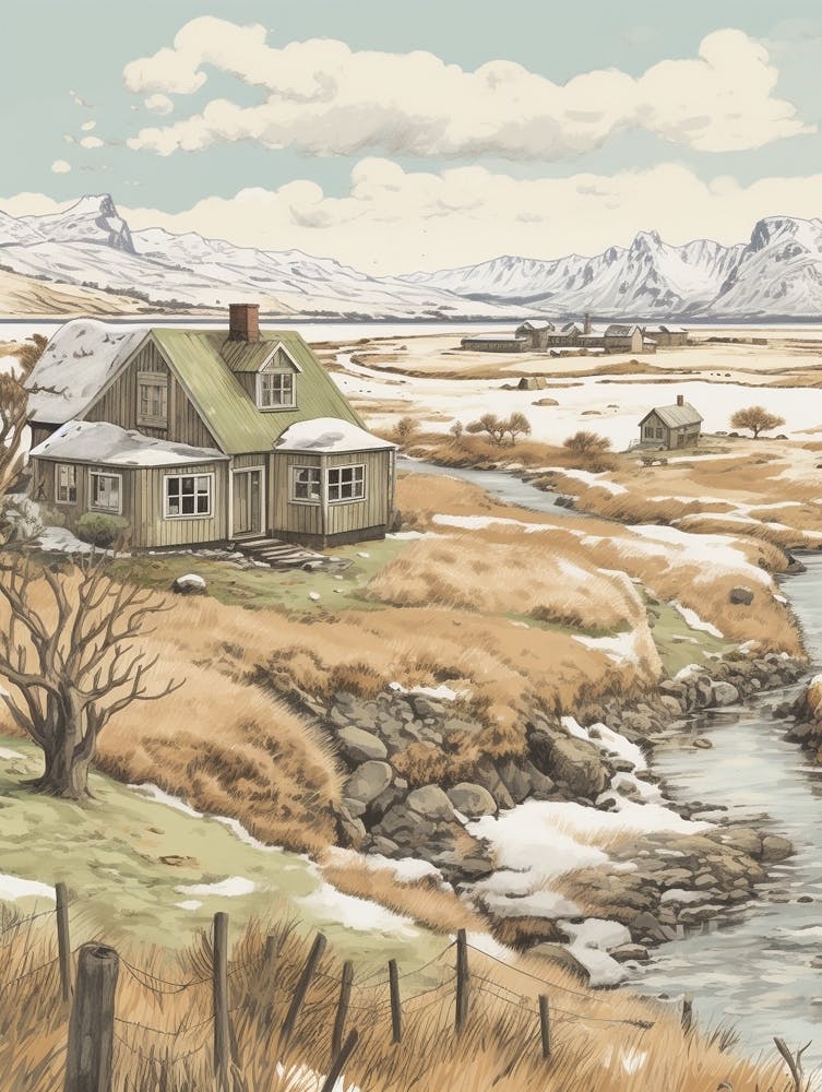 Vintage Winter Illustration Iceland 1