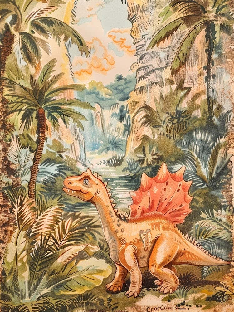 Dinosaur With Wings In The Palm Trees Storybook Style