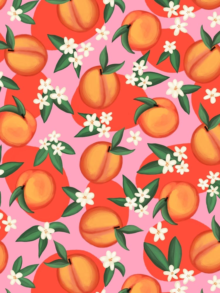 Juicy Retro Apricots with White Blossoms Bright Pink and Orange Summer Fruit Floral