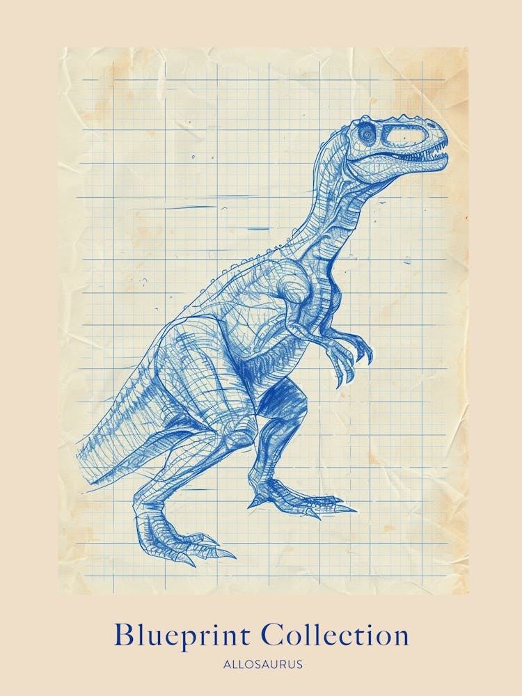 Allosaurus Dinosaur Blue Print Style 2 Poster