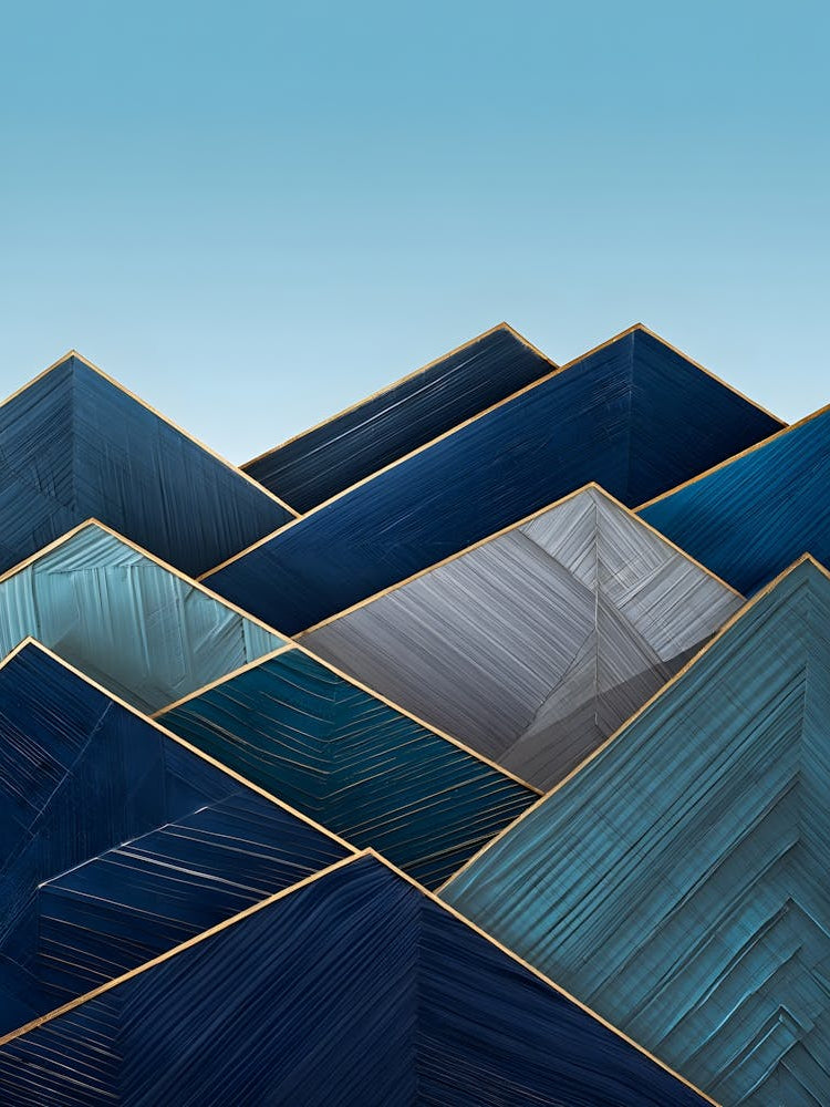 Abstract Geometric Mountains: Blue and Gold Minimalist Landscape