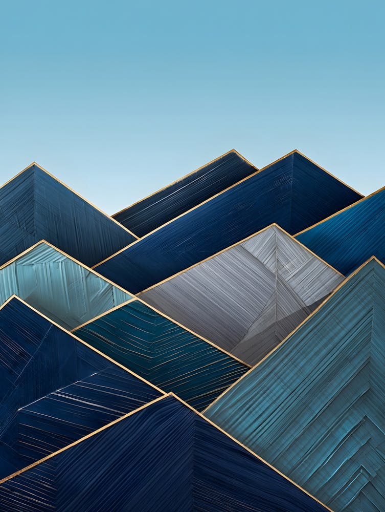 Abstract Geometric Mountains: Blue and Gold Minimalist Landscape