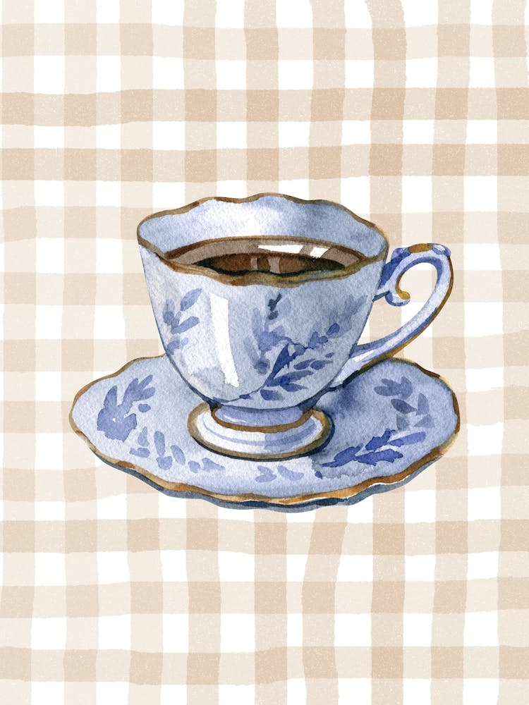Blue Tea Cup Gingham Poster