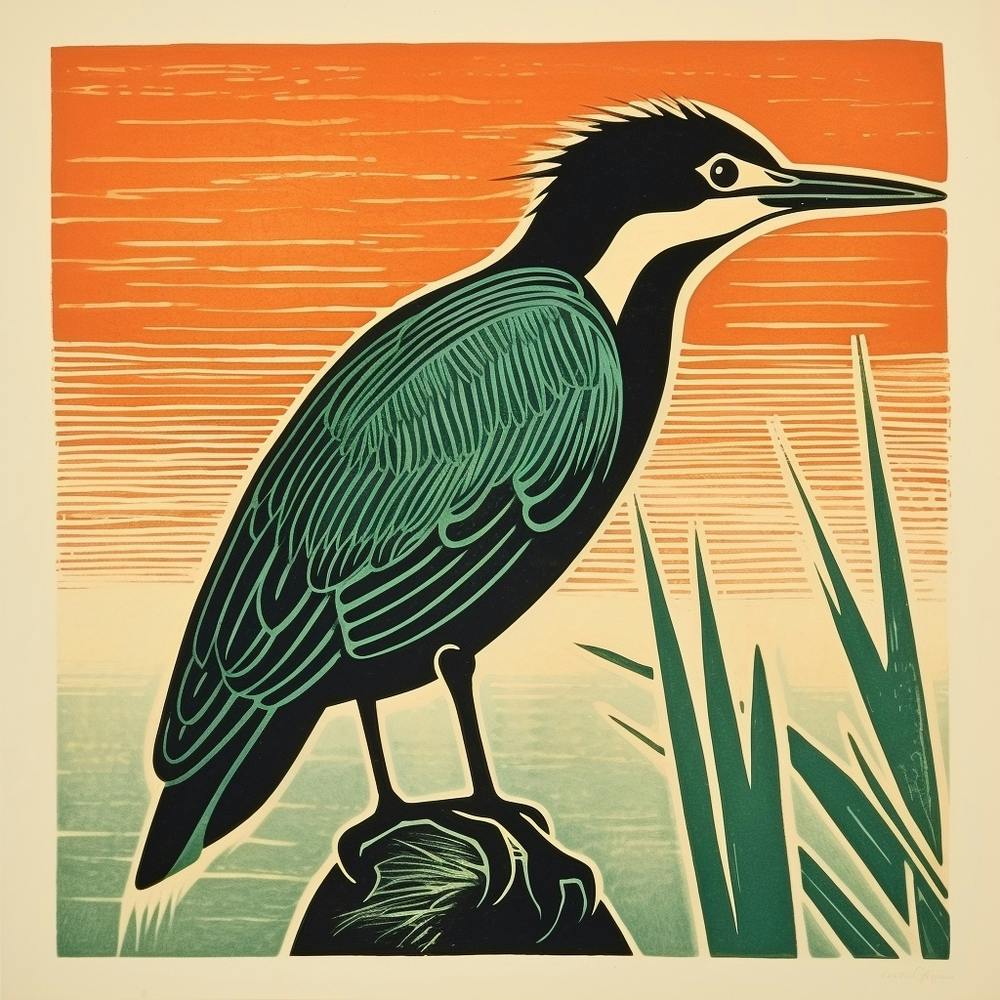 Retro Bird Lithograph Green Heron 4