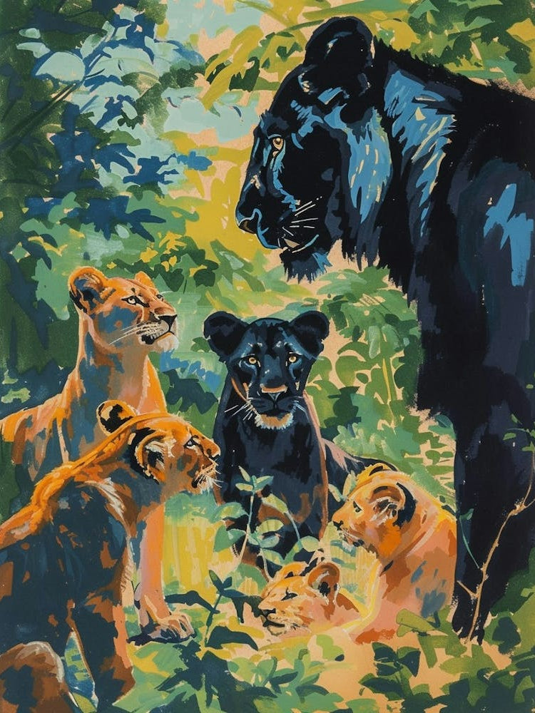 Black Lion Interaction With Other Wildlife Fauvist Painting 2