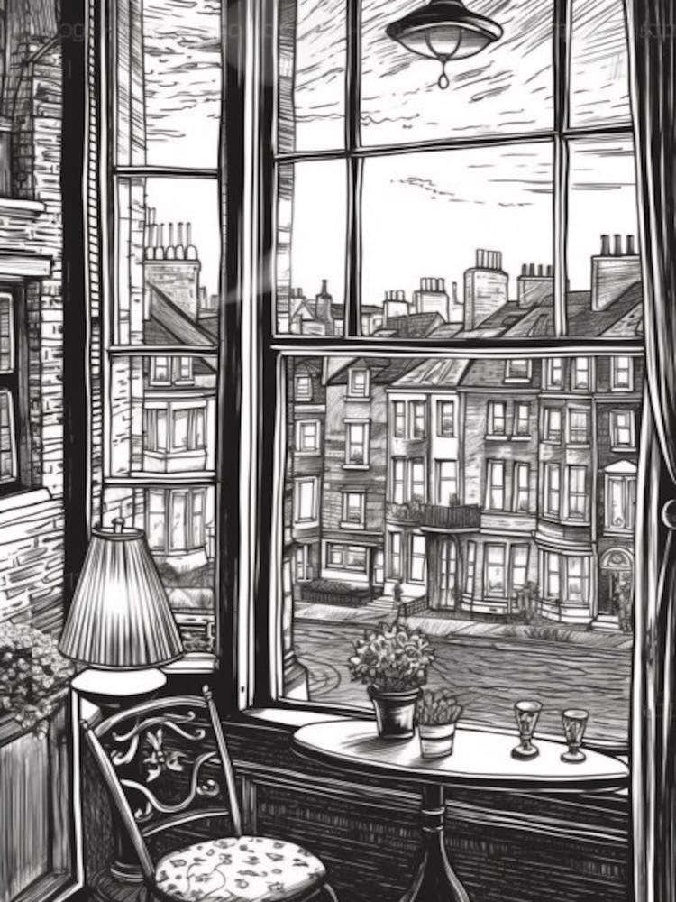 A Window View Of London In The Style Of Black And White  Line Art 3