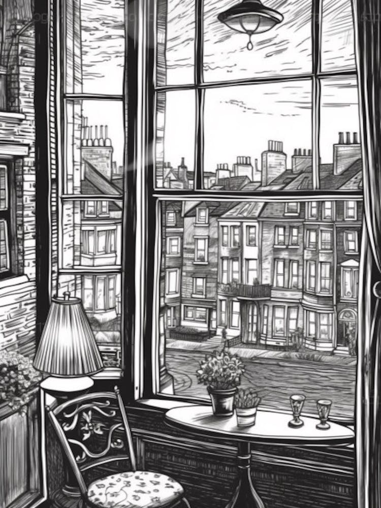 A Window View Of London In The Style Of Black And White  Line Art 3