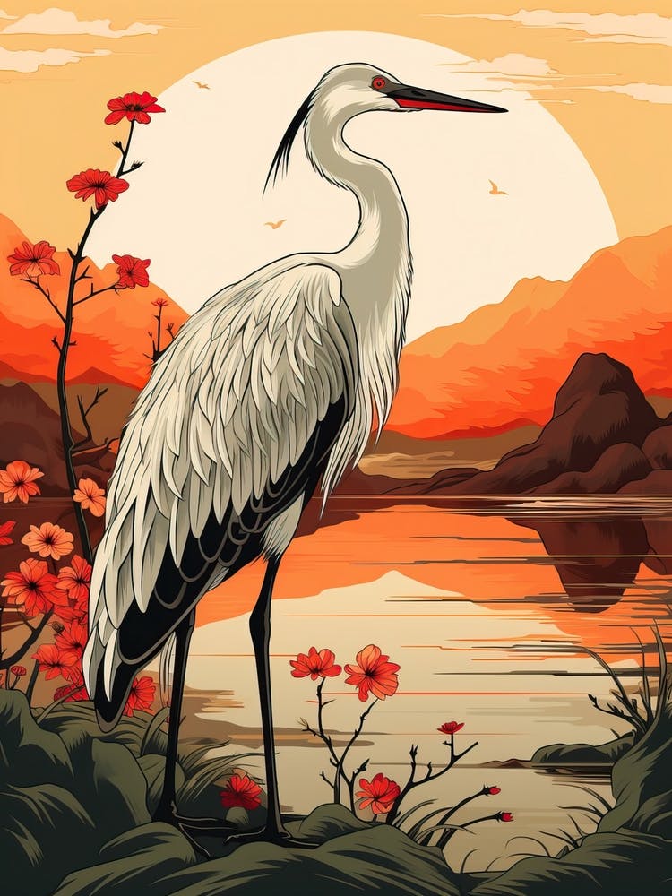 Crane Animal Drawing In The Style Of Ukiyo E 1