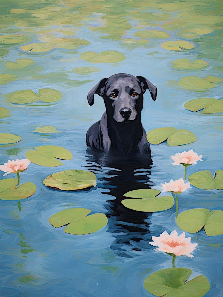 Monet Waterlilies With Black Dog Puppy