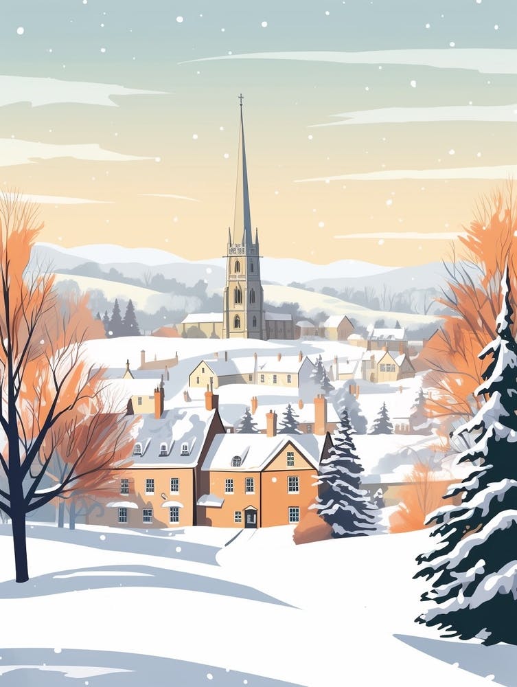Vintage Winter Travel Illustration Cotswolds United Kingdom 4
