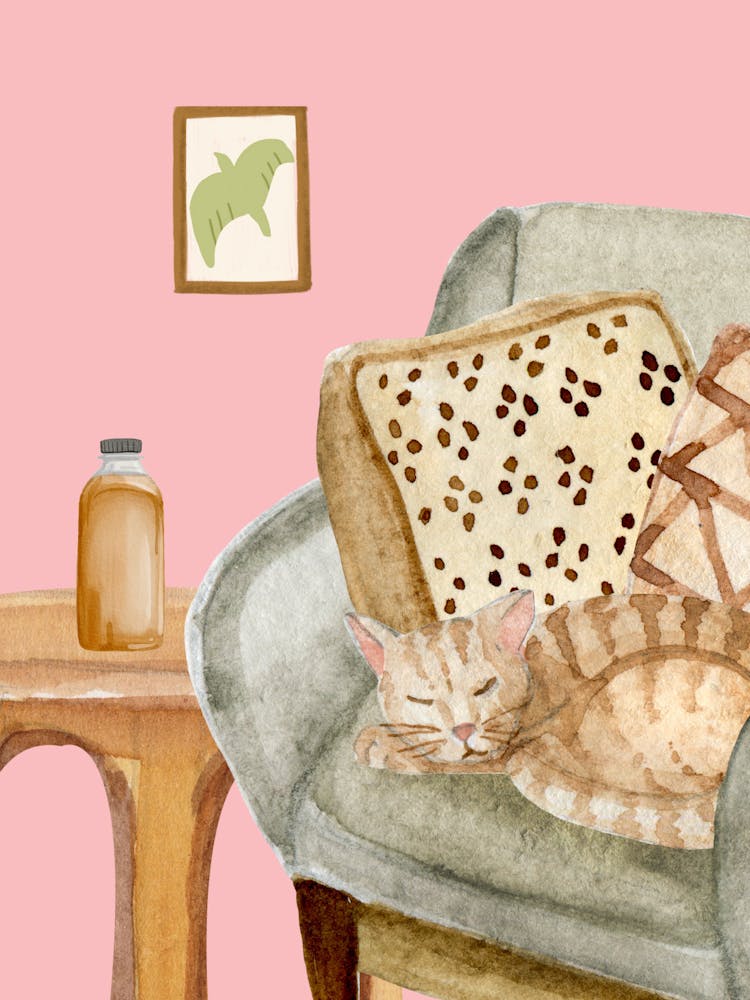 Cozy Cat Poster – Watercolor Sleeping Cat On Armchair Wall Print