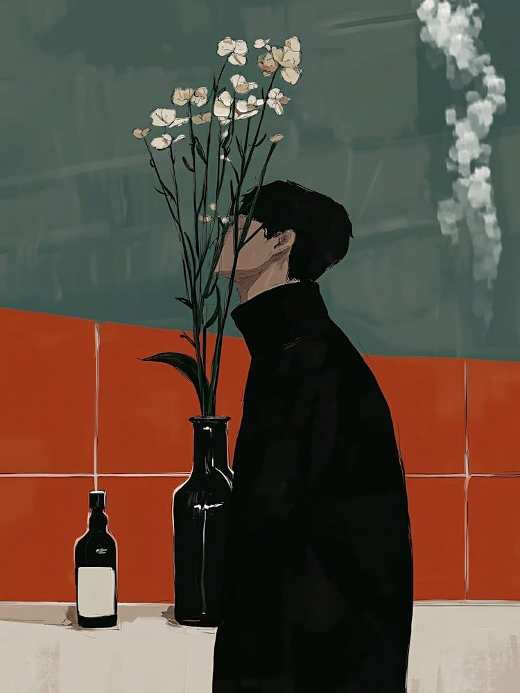 Man Looking At Flowers