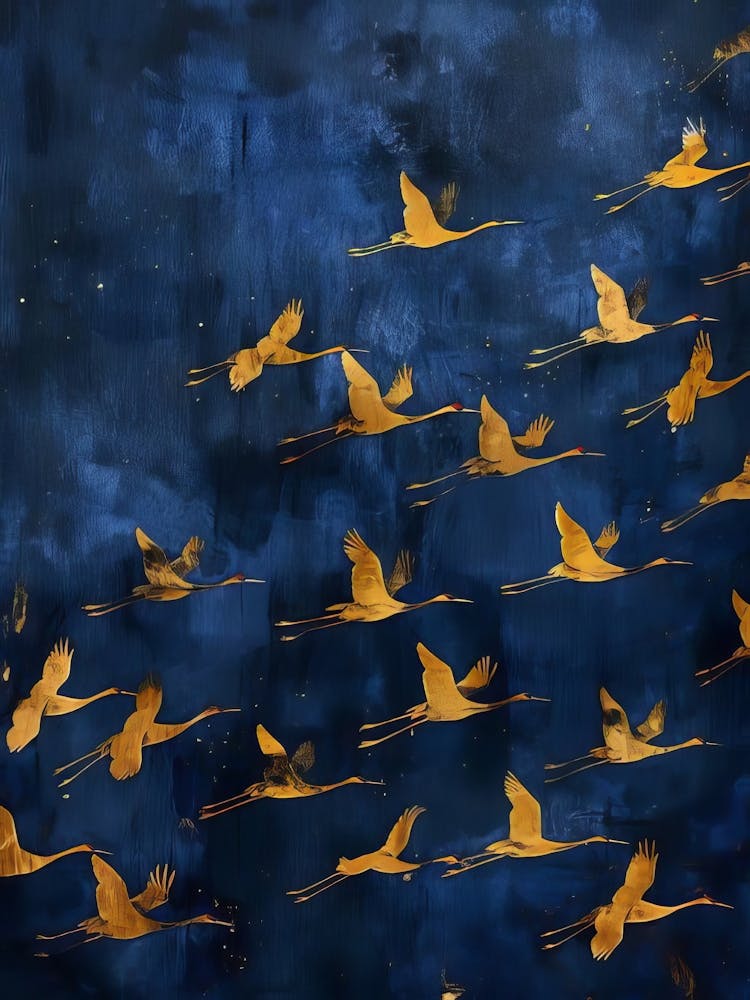 Golden Cranes Print Bird Print Blue Wall Art Moody Night Sky Painting Indigo Wall Art Golden Print Minimalist Wall Art Maximalist Print