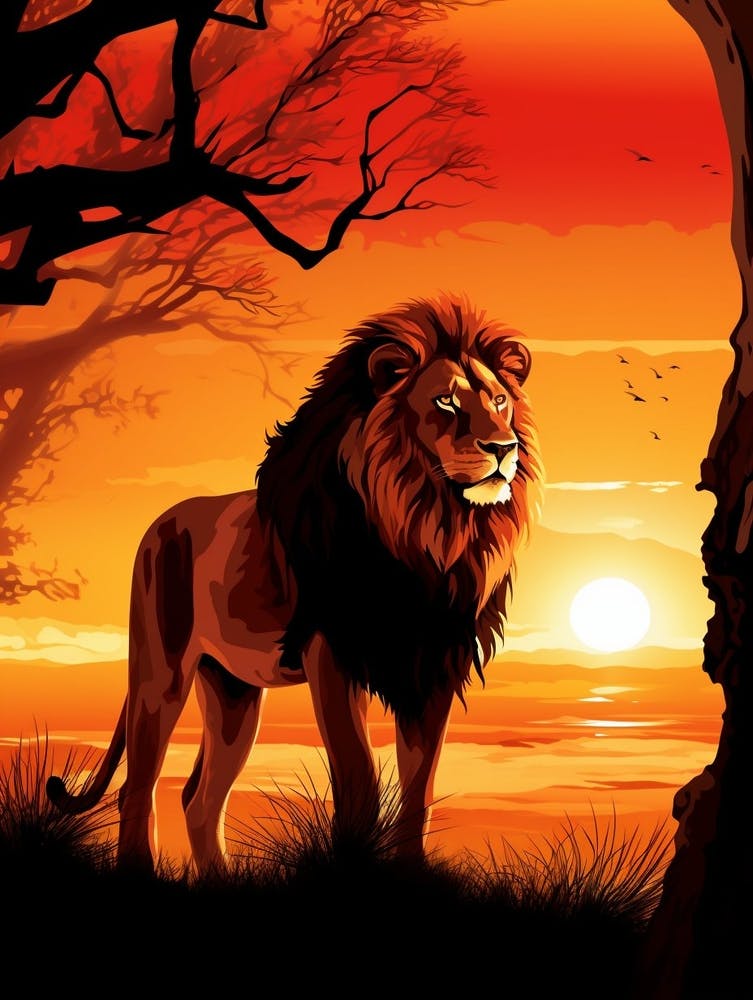 Afrikanischer Löwe Sonnenuntergangs-Silhouette 3