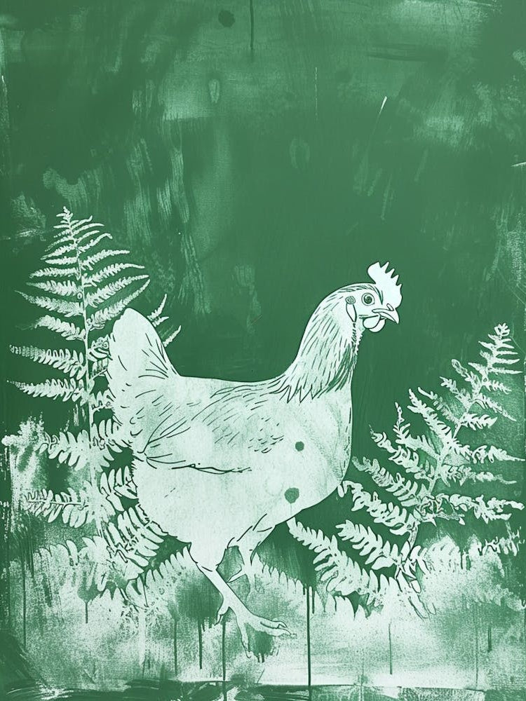 Green Ink Painting Of A Hen And Chicken Fern 2