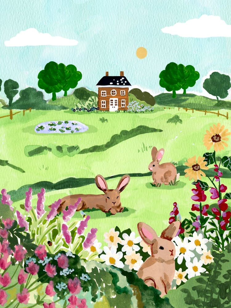 Field Bunnies with Flowers